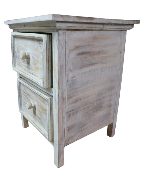 Comodino shabby chic in legno di albesia intagliato a mano – 38×38×50h cm