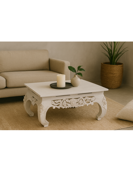Tavolo Opium Intagliato in Legno di Albesia – Fatto a Mano in Indonesia – 80x60x40 cm