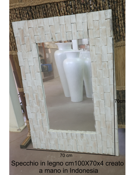 Specchio in legno artigianale cm 90x70x4 con cornice 15 cm fatto a mano in Indonesia