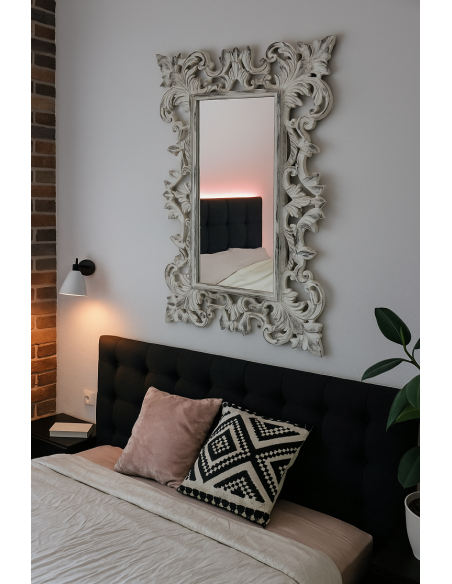 Specchio Rettangolare in Legno Massello Durian Intagliato a Mano 120x80 cm – Cornice 20 cm Shabby Chic