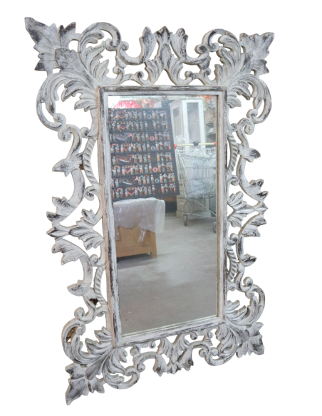 Specchio Rettangolare in Legno Massello Durian Intagliato a Mano 120x80 cm – Cornice 20 cm Shabby Chic