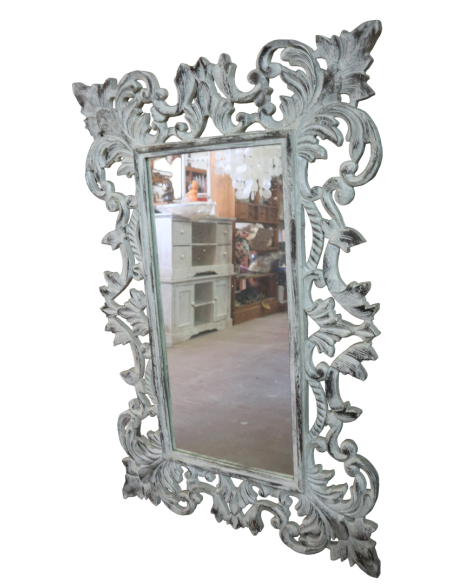 Specchio Rettangolare in Legno Massello Durian Intagliato a Mano 120x80 cm – Cornice 20 cm Shabby Chic