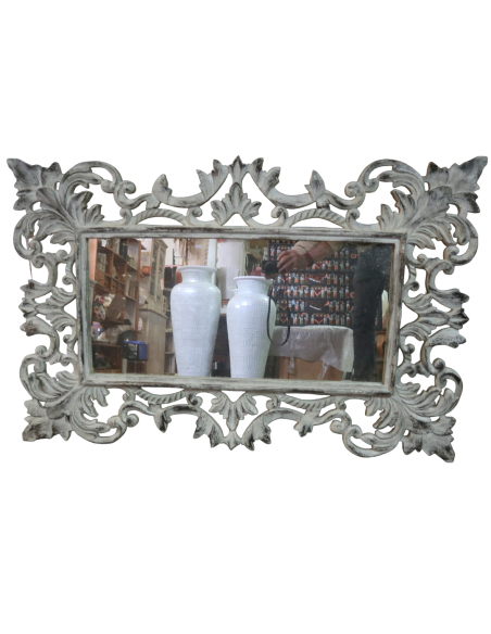 Specchio Rettangolare in Legno Massello Durian Intagliato a Mano 120x80 cm – Cornice 20 cm Shabby Chic