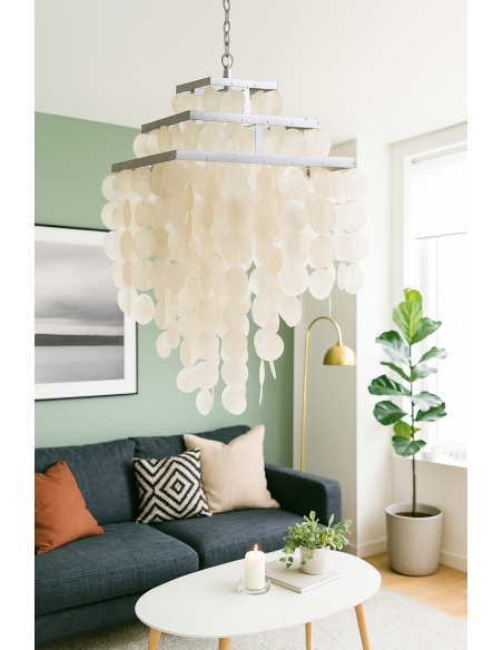 Lampadario in Madreperla Artigianale 40x40x70 cm – Struttura in Metallo, Fatto a Mano in Indonesia