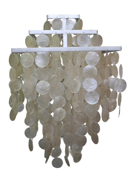 Lampadario in Madreperla Artigianale 40x40x70 cm – Struttura in Metallo, Fatto a Mano in Indonesia