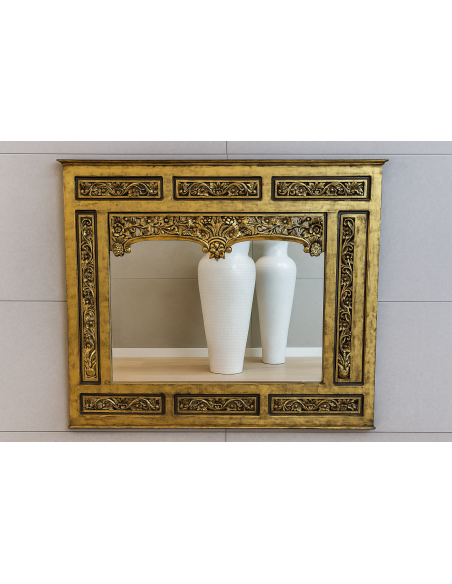 Specchio in legno dorato intagliato a mano 124x104 cm – Stile classico indonesiano con cornice decorata 17 cm