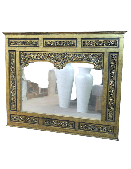 Specchio in legno dorato intagliato a mano 124x104 cm – Stile classico indonesiano con cornice decorata 17 cm