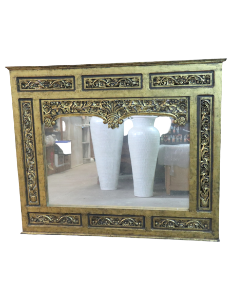 Specchio in legno dorato intagliato a mano 124x104 cm – Stile classico indonesiano con cornice decorata 17 cm