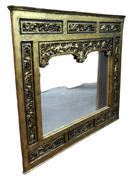 Specchio in legno dorato intagliato a mano 124x104 cm – Stile classico indonesiano con cornice decorata 17 cm
