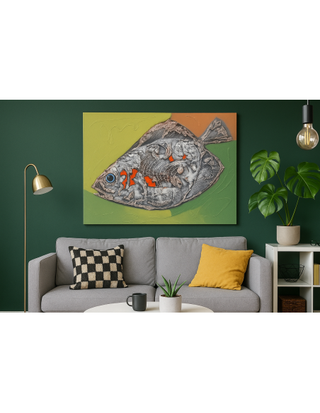 Quadro moderno con pesce astratto – Acrilico su tela 80x60 cm – Dipinto a mano artigianale Indonesia