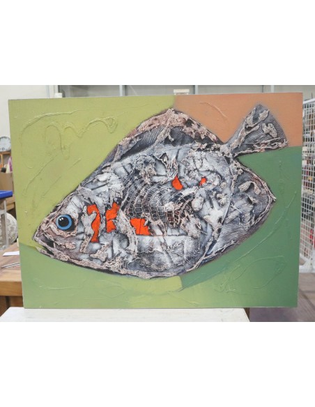 Quadro moderno con pesce astratto – Acrilico su tela 80x60 cm – Dipinto a mano artigianale Indonesia