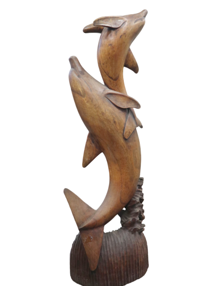 Statua in Legno con Delfini Intagliati a Mano – Scultura Artigianale Indonesiana 80 cm Complemento d’Arredo Naturale