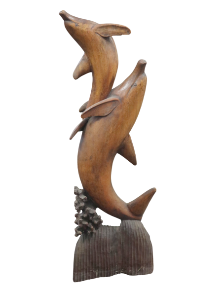 Statua in Legno con Delfini Intagliati a Mano – Scultura Artigianale Indonesiana 80 cm Complemento d’Arredo Naturale