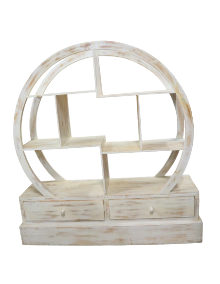 Libreria Tonda in Teak Decapato 103x37x110h – Mobile Artigianale in Legno Massello Stile Shabby Chic Moderno