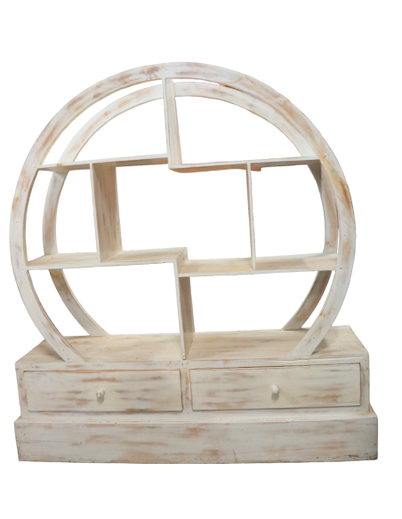 Libreria Tonda in Teak Decapato 103x37x110h – Mobile Artigianale in Legno Massello Stile Shabby Chic Moderno