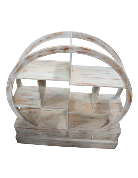 Libreria Tonda in Teak Decapato 103x37x110h – Mobile Artigianale in Legno Massello Stile Shabby Chic Moderno