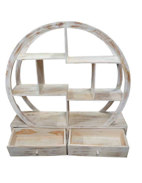 Libreria Tonda in Teak Decapato 103x37x110h – Mobile Artigianale in Legno Massello Stile Shabby Chic Moderno