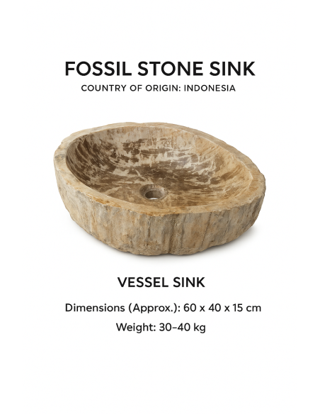 Lavabo in Legno Fossilizzato Indonesiano – Lavandino in Pietra Fossile Naturale 60x40x15 cm
