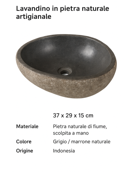 Lavandino in pietra naturale ovale cm 37x29x15 – Fatto a mano in Indonesia – Design rustico moderno