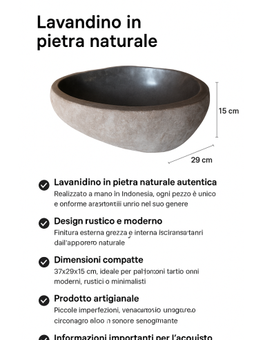 Lavandino in pietra naturale ovale cm 37x29x15...