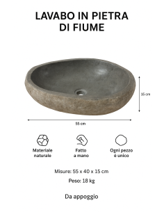 Lavabo in pietra di fiume naturale 55x40x15 cm –... 2