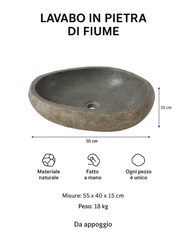Lavabo in pietra di fiume naturale 55x40x15 cm...