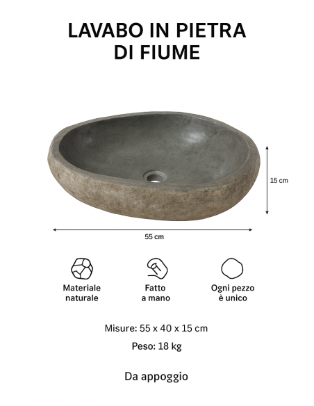 Lavabo in pietra di fiume naturale 55x40x15 cm – Lavandino da appoggio artigianale, design elegante per bagno moderno