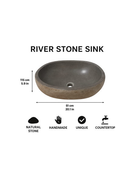 Lavabo in pietra di fiume naturale 51x41x15 cm – Lavandino da appoggio moderno fatto a mano