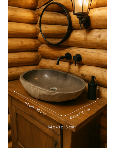 Lavandino in Pietra di Fiume Naturale 64x40x15 cm |...