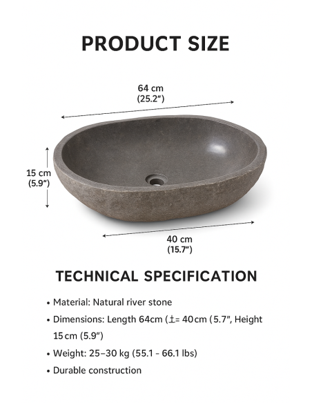 Lavandino in Pietra di Fiume Naturale 64x40x15 cm | Lavabo da Appoggio Artigianale per Bagno Rustico o Moderno