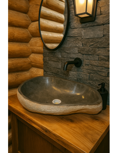 Lavandino in Pietra di Fiume Naturale cm 60x40x15 | Lavabo da Appoggio Artigianale per Bagno Moderno o Chalet di Montagna