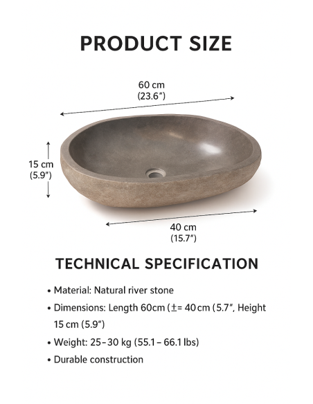Lavandino in Pietra di Fiume Naturale cm 60x40x15 | Lavabo da Appoggio Artigianale per Bagno Moderno o Chalet di Montagna