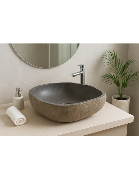 Lavandino in Pietra Naturale da Appoggio 50x41x15 cm | Artigianale Unico, Interno Levigato, Esterno Grezzo