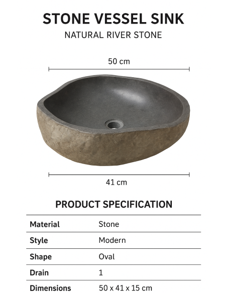 Lavandino in Pietra Naturale da Appoggio 50x41x15 cm | Artigianale Unico, Interno Levigato, Esterno Grezzo