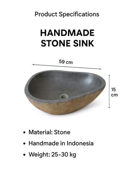 Lavandino in Pietra Naturale Fatto a Mano – Design Unico, Realizzato in Indonesia (59x44x15 cm)