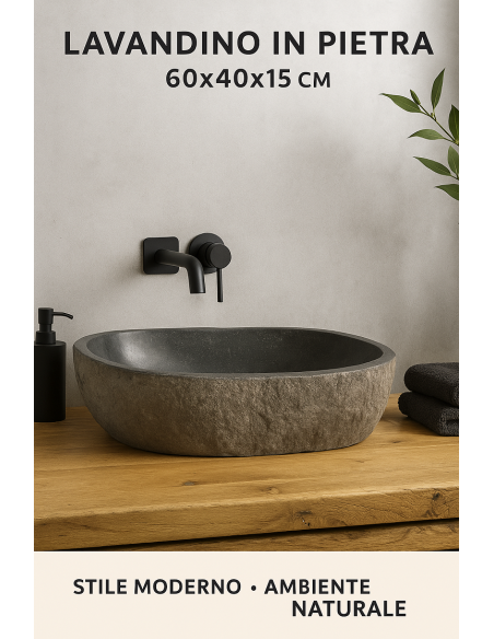 Lavabo in pietra naturale 60x40x15 cm – Design artigianale sasso di fiume