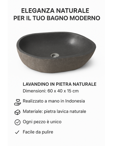 Lavabo in pietra naturale 60x40x15 cm – Design artigianale sasso di fiume