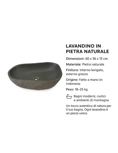 Lavabo in pietra naturale 60x36x15 cm – Design artigianale sasso di fiume