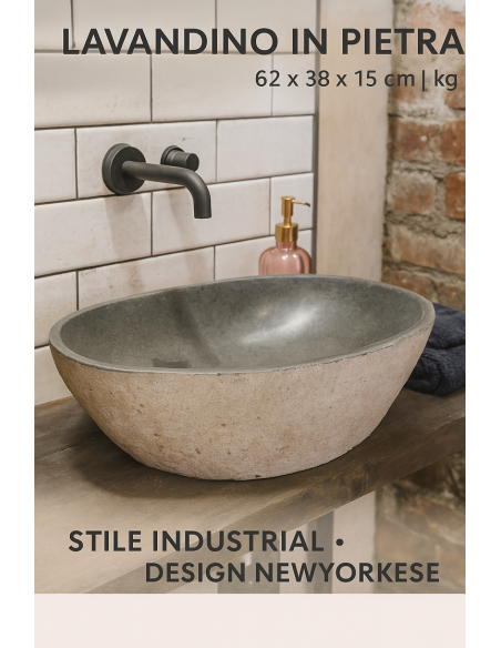 Lavabo in pietra naturale 62x38x15 cm – Design artigianale sasso di fiume