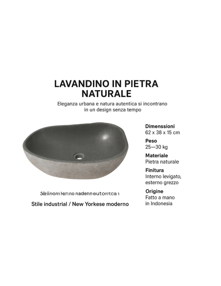 Lavabo in pietra naturale 62x38x15 cm – Design artigianale sasso di fiume