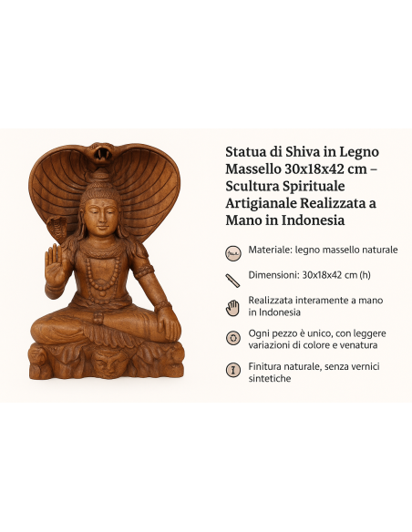 Statua di Shiva in Legno Massello 30x18x42 cm – Scultura Spirituale Artigianale Realizzata a Mano in Indonesia