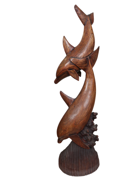 Scultura Delfini in Legno di Teak 24x10x80 cm – Statua Artigianale Realizzata a Mano in Indonesia