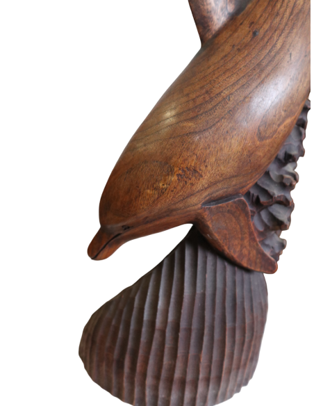 Scultura Delfini in Legno di Teak 24x10x80 cm – Statua Artigianale Realizzata a Mano in Indonesia