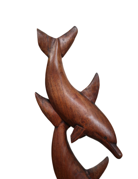 Scultura Delfini in Legno di Teak 24x10x80 cm – Statua Artigianale Realizzata a Mano in Indonesia