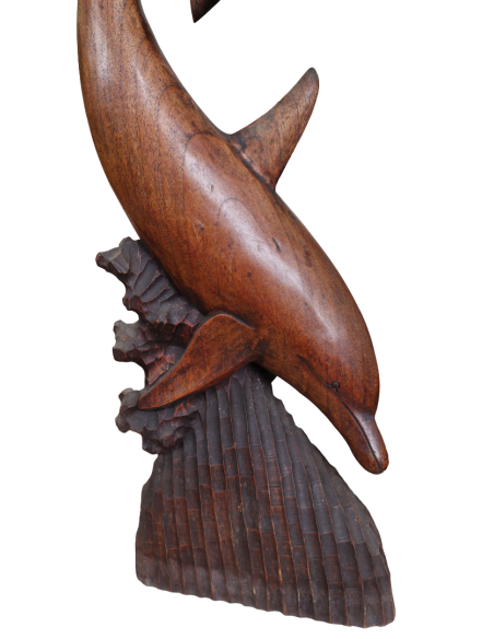 Scultura Delfini in Legno di Teak 24x10x80 cm – Statua Artigianale Realizzata a Mano in Indonesia