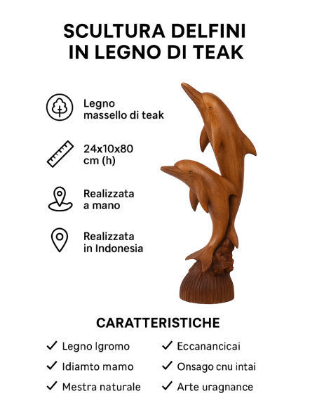 Scultura Delfini in Legno di Teak 24x10x80 cm – Statua Artigianale Realizzata a Mano in Indonesia