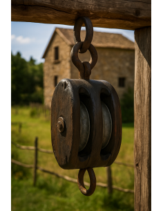 Carrucola in legno e metallo fine ’800 (14 × 16 × 30 cm)...