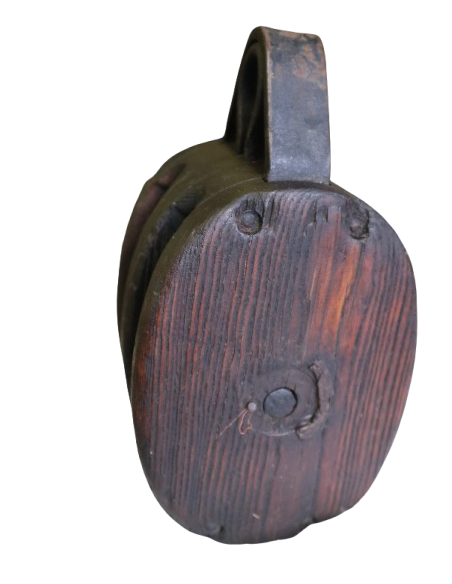 Carrucola in legno e metallo fine ’800 (14 × 16 × 30 cm) — manufatto artigianale toscano