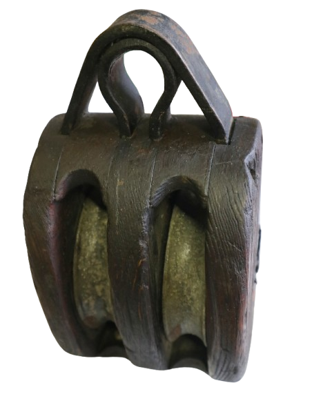 Carrucola in legno e metallo fine ’800 (14 × 16 × 30 cm) — manufatto artigianale toscano