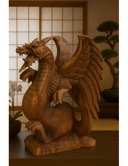 Scultura Drago in Legno 31x20x53 cm – Intaglio Artigianale Indonesiano | Decorazione Zen per Casa e Studio